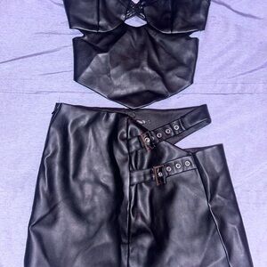 Elegant Black Faux Leather Skirt Set